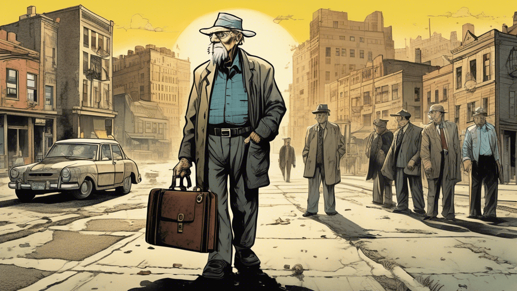 An illustration of a weathered, wise-looking elderly man standing at the crossroads of a bustling city and a quiet, sun-drenched countryside, holding a mysterious, old, locked briefcase, surrounded by shadowy figures and law enforcement in the background, encapsulating the essence of intrigue and duality in 'The Mule' story.