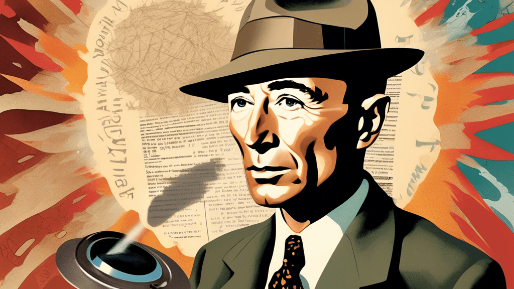 A dramatic portrait of J. Robert Oppenheimer with a shadowy atomic explosion in the background, surrounded by hidden scrolls and classified documents, with a magnifying glass focusing on the word 'Truth'.