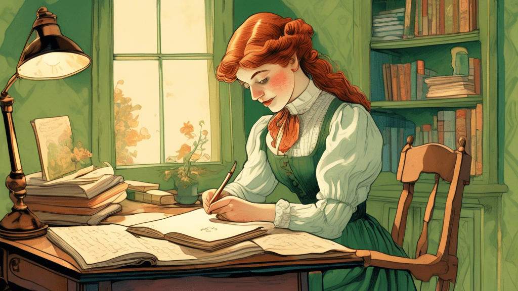 A vintage-style illustration featuring Lucy Maud Montgomery writing at her desk with a whimsical image of Anne of Green Gables emerging from the pages of an open book, set against the backdrop of early 20th-century Prince Edward Island.