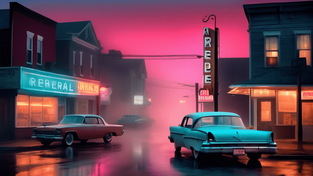 An eerie, foggy small town at twilight, with a vintage neon sign reading 'Riverdale', juxtaposed with faded images of real historical newspaper clippings and old photographs, all within a mysterious, collage-style composition.