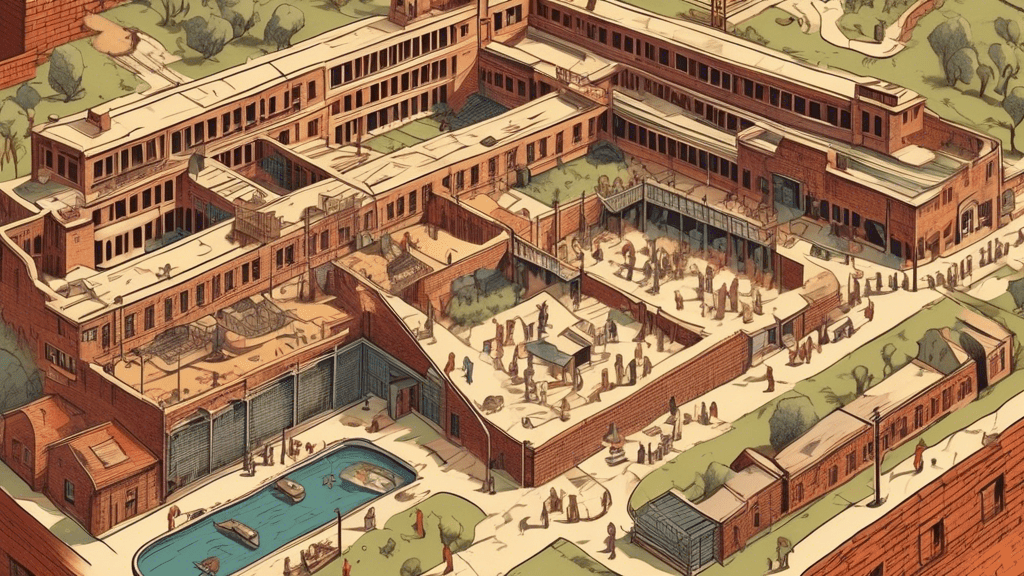 A beautifully detailed, vintage-style illustration imagining the iconic Shawshank prison as a bustling hub of escape planning, with subtle elements suggesting real-life inspiration and historical events interwoven into its narrative.