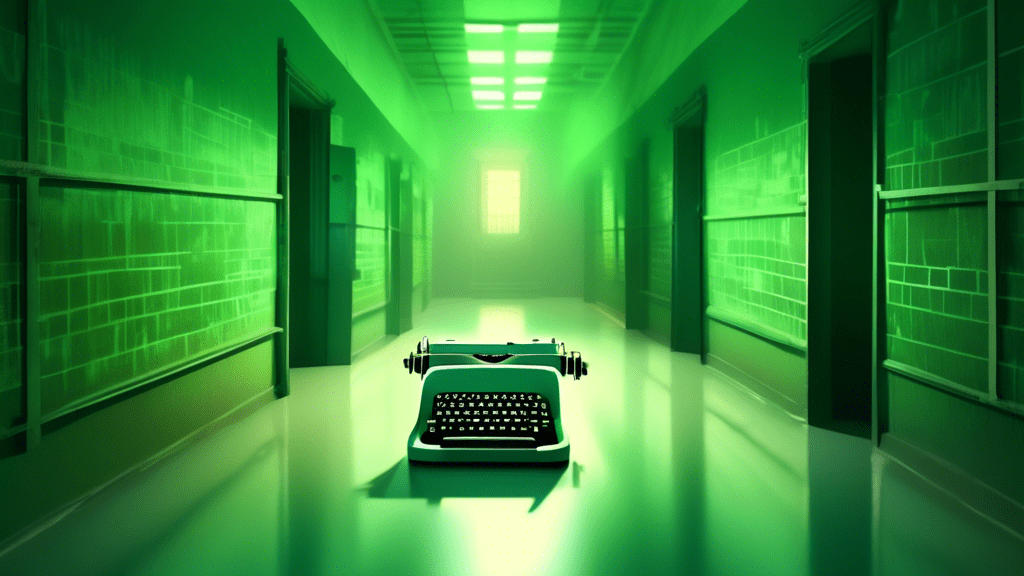 An artist's conceptual illustration of a vintage typewriter with a manuscript titled 'The Green Mile' beside a ghostly translucent prison corridor blending into a real early 20th-century prison block, with question marks hovering above.