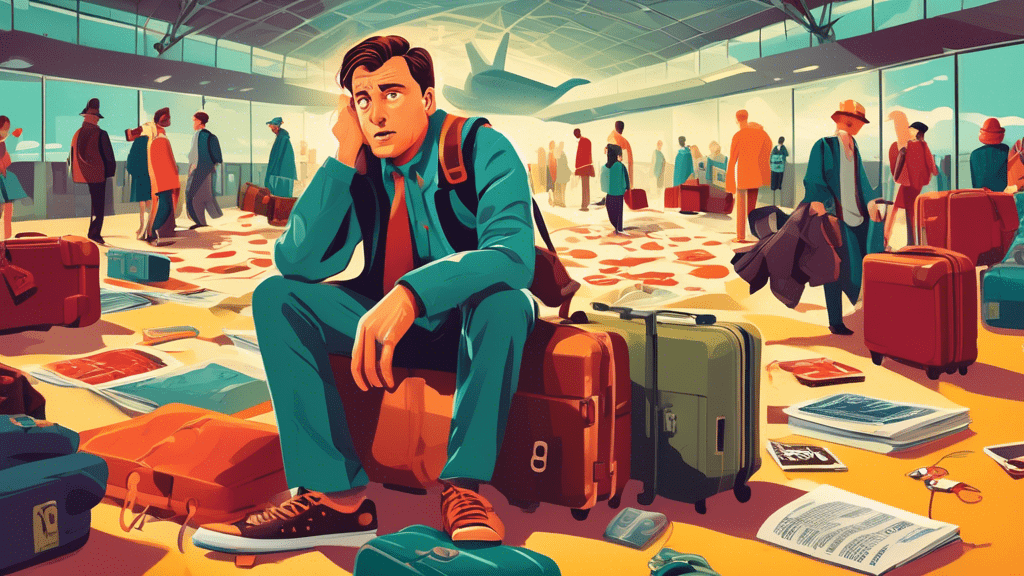 An illustrative movie poster featuring a man trapped inside an airport, surrounded by luggage, with question marks and true story book elements in the background.