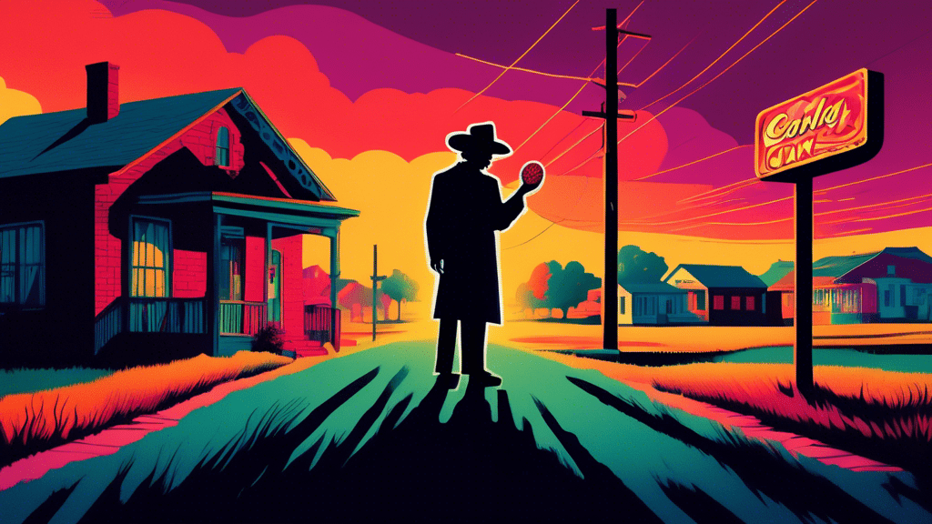 A suspenseful, vintage-styled illustration of a shadowed figure holding a mysterious, unwrapped candy against a backdrop of a small 1980s Texas town, hinting at a dark secret.