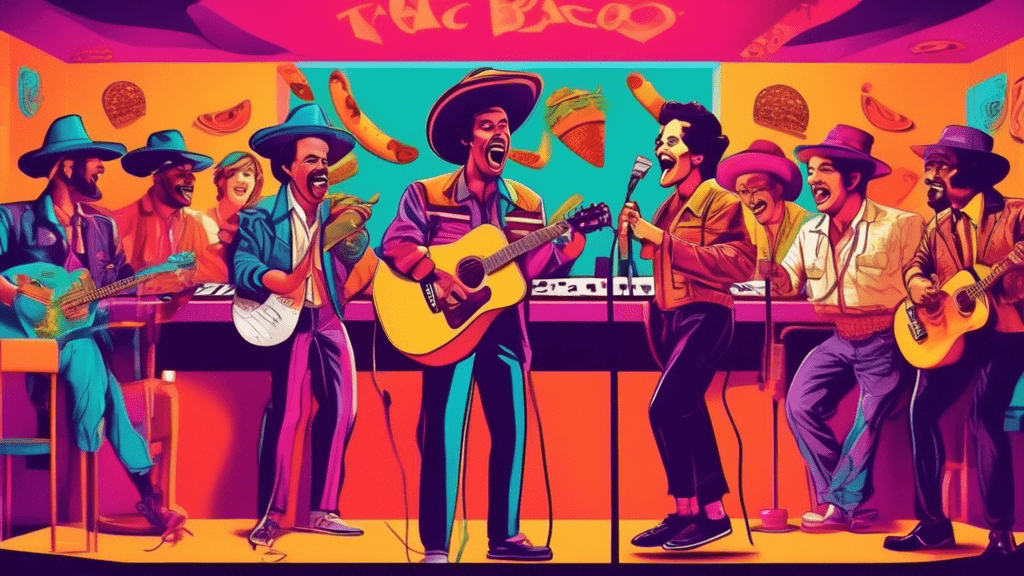 A vintage 1980s-themed recording studio filled with musicians and singers gathered around a microphone, with the Taco Bell logo prominently displayed on a screen in the background, as they joyfully collaborate on the creation of the iconic Taco Bell commercial jingle.