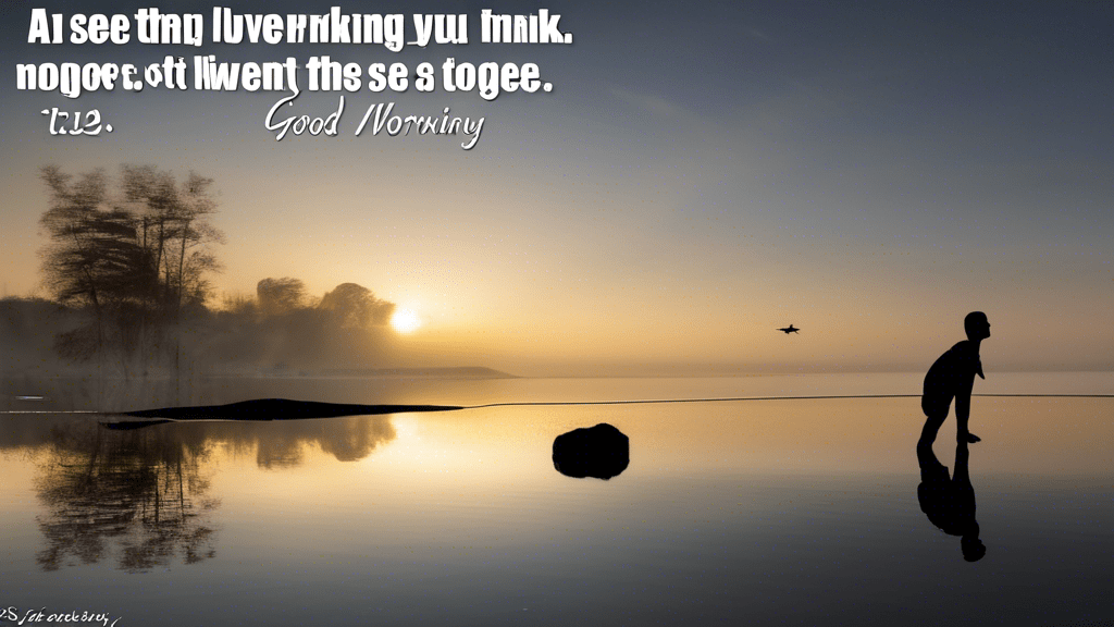 A serene sunrise over a calm lake, with a silhouette of someone stretching on the shore, and inspirational good morning quotes elegantly overlaying the image.