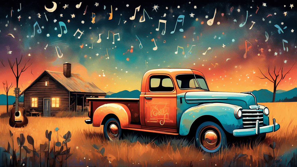 An illustrated vintage pickup truck parked under a starlit sky, with two silhouettes inside, one playing a guitar, surrounded by music notes and a rustic countryside background.