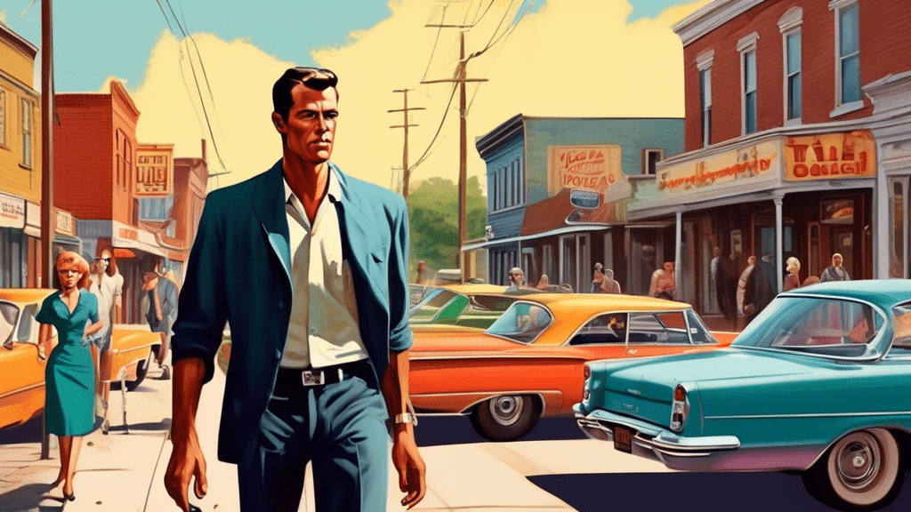 Realistic illustration of a tall, determined man walking confidently down a small-town street in the 1960s, with vintage cars and diners in the background, inspired by the true story behind the movie 'Walking Tall'.