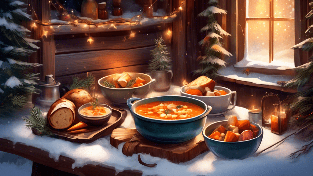 Cozy winter feast laid out on a rustic wooden table, featuring steamy bowls of soup, roasted root vegetables, mulled cider, and a crusty loaf of bread, all surrounded by snow-covered pine branches and twinkling fairy lights in a dimly lit, warm cabin setting.