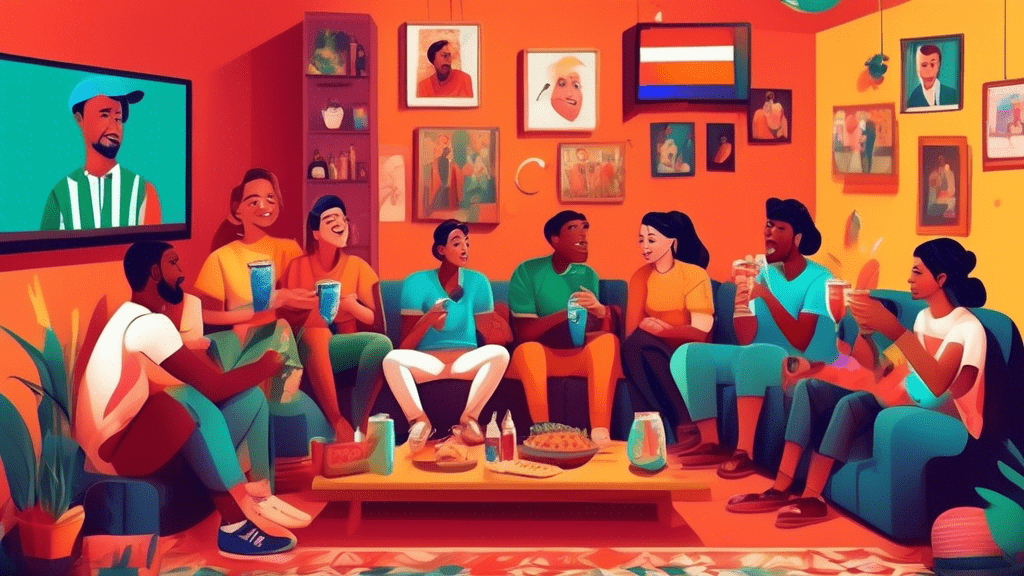 Detailed digital illustration of a diverse group of friends from various countries watching the T20 World Cup Live on a large screen in a cozy, colorful living room filled with cricket-themed decorations and snacks.