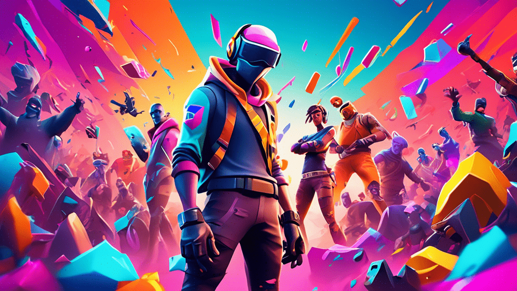 Digital illustration of the top-ranked Fortnite player standing victoriously on a colorful, crowded leaderboard, with vibrant elements from the game's universe in the background.