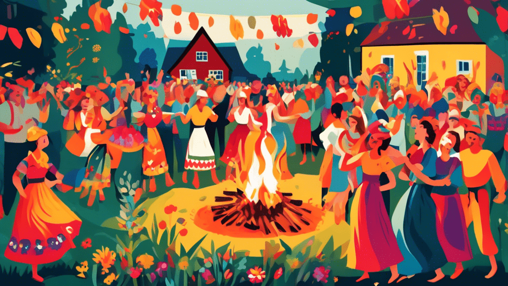 An idyllic summer solstice celebration in a picturesque Polish village, with people wearing colorful traditional outfits and floral wreaths, dancing around a bonfire.