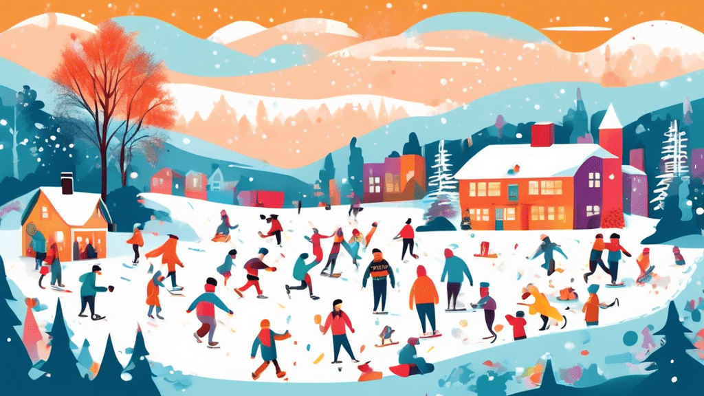 Create a vibrant and cozy illustration of people engaging in various winter activities in a snowy landscape, including ice skating on a frozen pond, building a snowman, sledding down a hill, and sipping hot chocolate around a bonfire, with gently falling snowflakes and a backdrop of snow-covered trees.