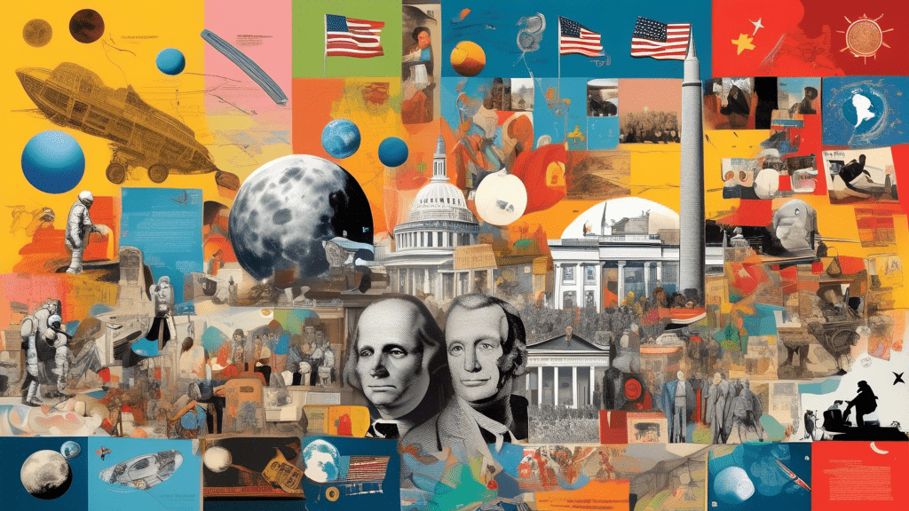 An artistic collage of world-shaping historical milestones, including the signing of the Declaration of Independence, the first moon landing, the fall of the Berlin Wall, and the invention of the internet, blending seamlessly into a single, dynamic image that symbolizes progress and unity.