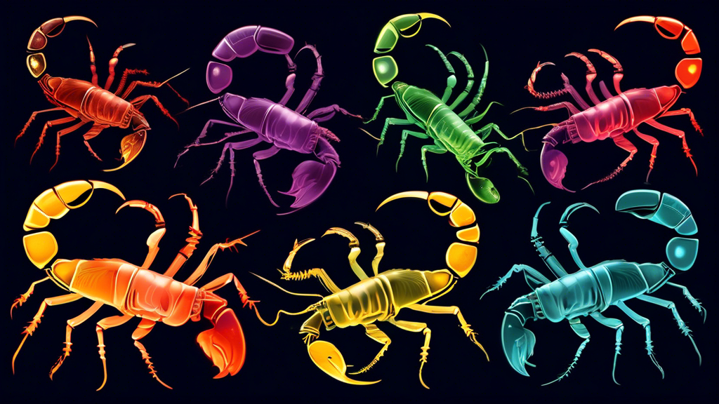 An assortment of the world's deadliest scorpions glowing ominously under a dark, moonlit sky, with each scorpion labeled with its name and region of origin.