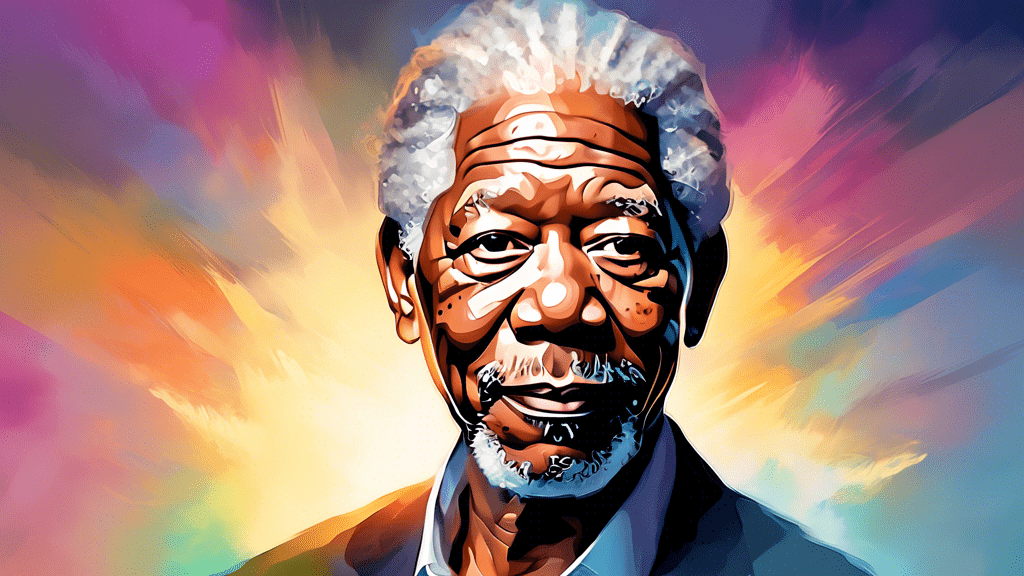 A respectful digital painting portrait of Morgan Freeman surrounded by a soft, heavenly glow, reflecting on his legacy and impact, with a subtle background featuring iconic roles from his career.