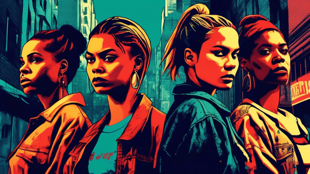 Visual depiction of four determined women planning a heist in a gritty urban environment, with 90s fashion elements and the title 'The True Story Behind Set It Off' overlaid, in a cinematic poster style.