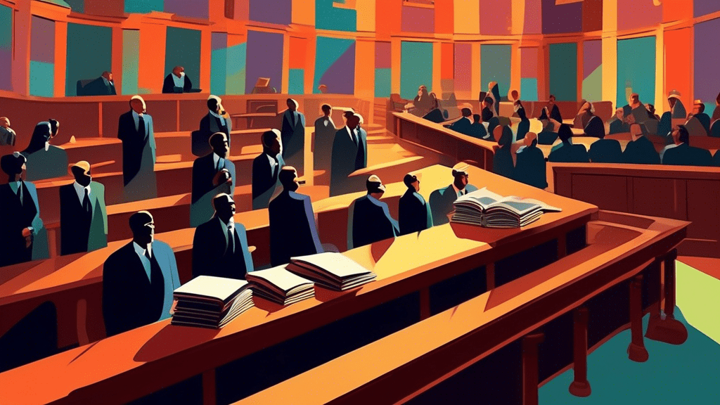 An intriguingly mysterious courtroom filled with suspenseful shadows, featuring a prominent 'Head Cases' book floating at the center, all hinting at a blend of fact and fiction.