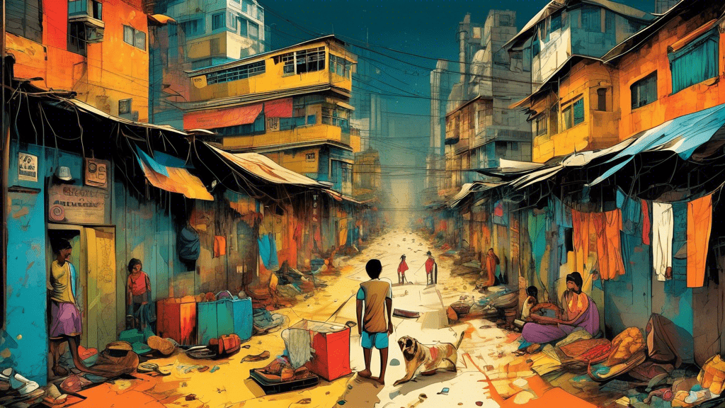 An artistic illustration blending elements of Mumbai's slums with scenes from 'Slumdog Millionaire', highlighting the contrast between reality and fiction.