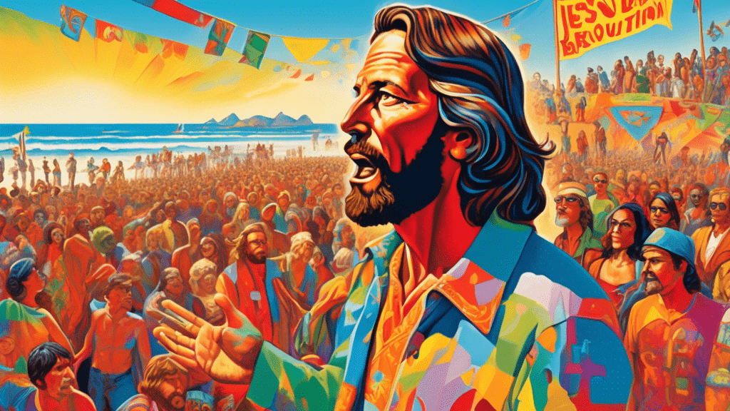 A vibrant painting depicting Lonnie Frisbee speaking to a captivated crowd on a sunny California beach, with a large, colorful Jesus Revolution banner in the background and the 1970s cultural symbols scattered around, symbolizing his influential role in the movement.