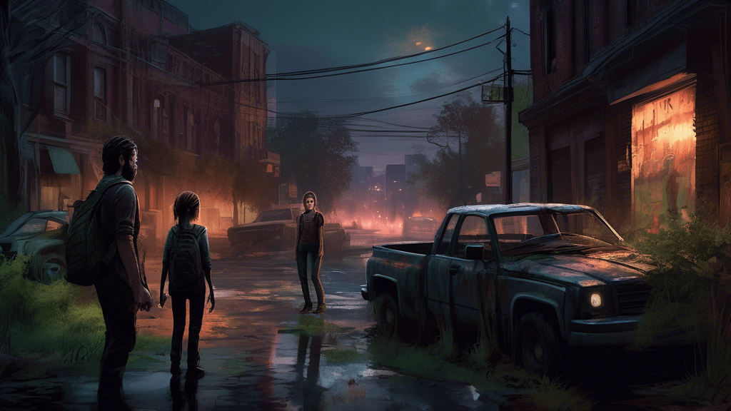 Create a detailed digital painting of a dramatic moment in a dark, post-apocalyptic cityscape, with Ellie and Joel from The Last of Us cautiously negotiating with a group of unnervingly calm collaborators, illuminated by the eerie glow of a flickering streetlamp, with twisted, overgrown buildings looming in the background.